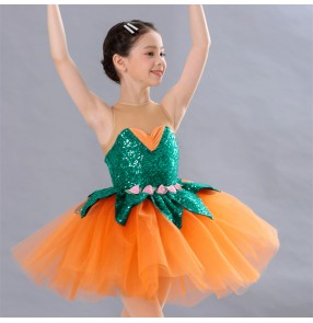 Girls kids orange with green petals sequined tutu skirts ballet dance dresses violet children stage performance ballet dance costumes