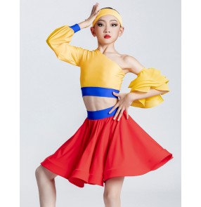 Girls kids orange with red competition latin dance dress for girl slant neck one shoulder latin performance costumes for kids