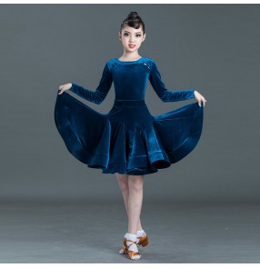 Girls kids peacock blue dark green velvet long sleeves ballroom latin dance dress for children stage performance latin costumes rumba chacha dance dresses