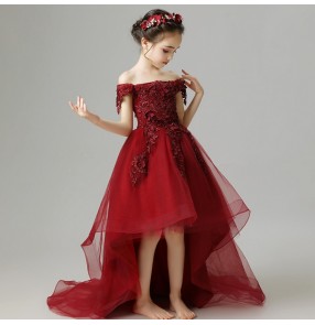 Girls kids piano stage performance dresses wine lace evening party host singers model show trailing evening dresses