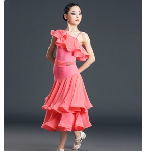 Girls kids pink ballroom dance dresses one inclined shoulder competition skirt Ballroom dance dress waltz big split skirt