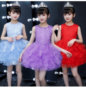 Girls kids pink blue white princess dress lace flower girls host singers performance dress party model show dress for children