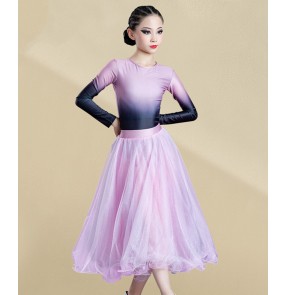 Girls kids pink gradient ballroom dance dresses children long sleeves stage performance ballroom dance skirts waltz tango dance dress for children