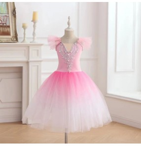 Girls kids pink purple blue gradient colored ballet dance dress long length modern dance ballerina performance leotard tutu skirts for baby