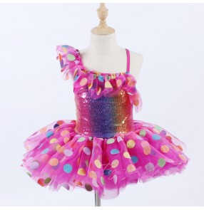 Girls kids pink rainbow dot jazz ballet dance dresses stage performance ballet dance tutu skirts dress