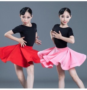Girls kids pink red competition latin dance dresses children stage performance salsa rumba chacha dance costumes dresses