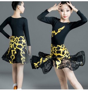 Girls kids pink yellow leopard latin dance dresses modern ballroom latin dance wear stage performance latin dance outfits for children