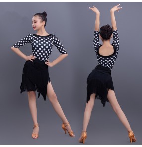 Girls kids polka dot latin dance dress stage performance salsa rumba chacha dance tops and skirts