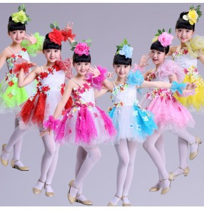 Girls kids princess jazz performance dresses children multi colored stage performance chorus singers show dance flower dress