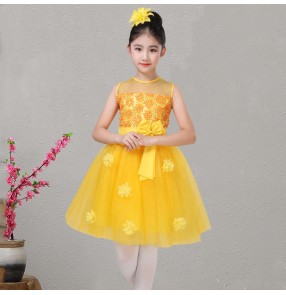 Girls kids princess modern dance dress kids children rose flower girls stage performance chorus singer dance costumes dress