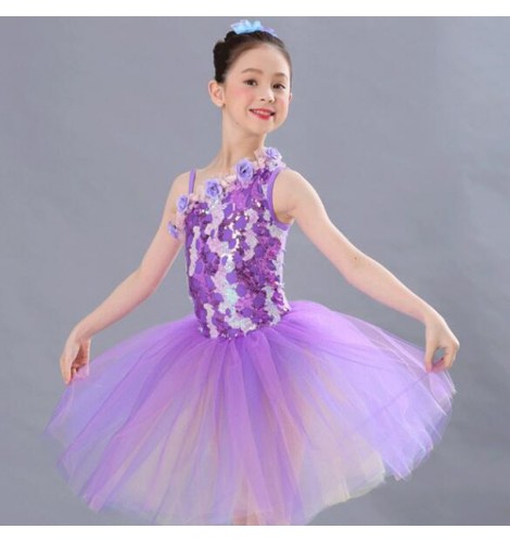 Girls kids purple ballet dance dresses jazz dance dresses stage