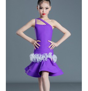 Girls kids purple black with white latin dance dresses for girls kids children ballroom salsa dance costumes side ruffles one shoulder slit dance dress for children