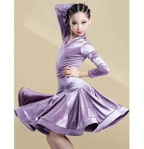 Girls kids purple blue silver velvet ballroom latin dance dress for children modern dance stage performance salsa rumba latin dance outfits 