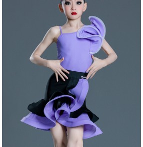 Girls kids purple with black competition latin dance dresses salsa ballroom performance one shoulder ruffles dance outfits for children