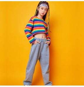 Girls kids rainbow colored fashion hiphop street dance costumes cheerleaders rap gogo dancers stage performance shirts and pants