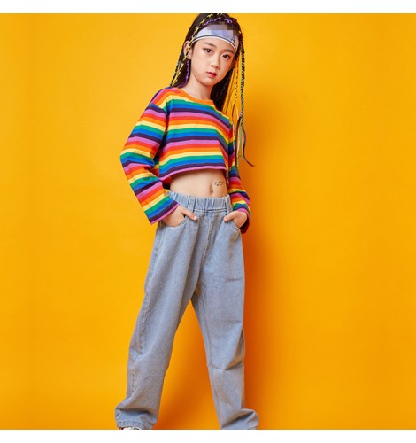 Girls Kids Rainbow Colored Fashion Hiphop Street Dance Costumes