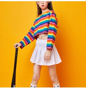 Girls kids rainbow colored hiphop dance costumes cheerleaders costumes gogo dancers rap street dance stage performance costumes