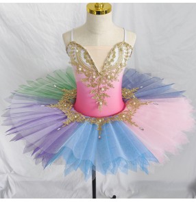 Girls kids rainbow colored tutu skirts ballet dance dresses colorful ballerina ballet dance costumes solo stage performance outfits for toddlers
