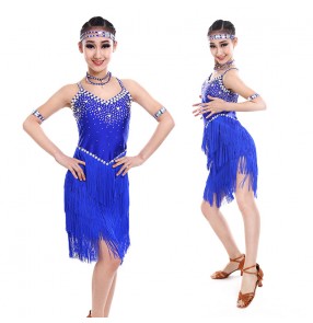 Girls kids red black white royal blue competition diamond latin dance dresses modern dance tassels latin rumba chacha dance dress modern latin performance skirts for children