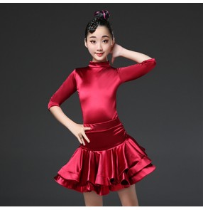 Girls kids red colored latin dance dress modern dance stage performance rumba salsa samba chacha dance dresses