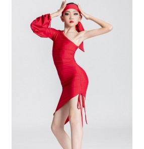 Girls kids red grey colored slant neck one shoulder latin dance dresses fashion latin ballroom stage performance costumes modern ance skirts  for girl