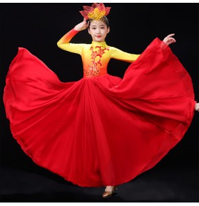 Girls kids red pink flamenco dance dresses spanish bull dance swing skirts stage performance opening dance choir dresses for Kids