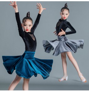 Girls kids royal blue black silver green competition ballroom latin dance dresses modern dance mesh velvet rumba salsa chacha latin dance costumes for girl