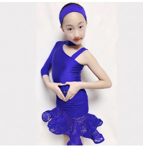 Girls kids royal blue lace Latin Dance Performance Dresses Children latin training clothes split strapless lace dance costume oblique inclined shoulder