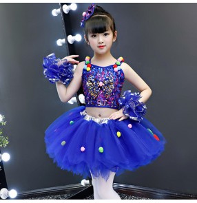 Girls kids royal blue sequins jazz dance dress children show performance dress singers host choru gogo dancers dresses