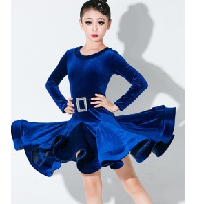 Girls kids royal blue wine red black velvet competition latin ballroom dance dress stage performance salsa latin performance costumes