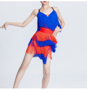 Girls kids royal blue with red green white tassels competition latin dance dresses children salsa modern ballroom dancing outfits for girls