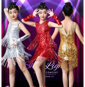 Girls kids sequin fringes latin dance dresses red gold silver salsa rumba chacha latin dance dress costumes