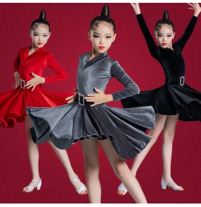 Girls kids silver black royal blue velvet latin ballroom dance dresses salsa chacha performance costumes for Children Dance Wear