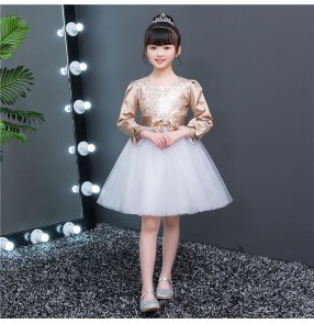 Girls kids silver gold sequin tutu skirts jazz dance dresses chorus host singers stage performance flower girls princess dresses