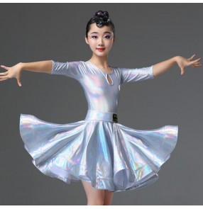 Girls kids silver latin dance dresses children latin dance costumes salsa rumba chacha dance dresses