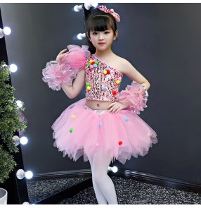 Girls kids silver pink blue sequins modern jazz dance dresses singers chorus host kindergarten stage performance dress costumes