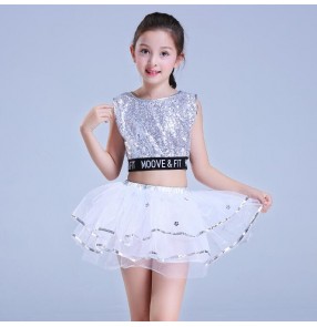 Girls kids silver sequin modern dance jazz dance dresses singers host school competition stage performance gogo dancers costumes dresses