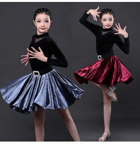 Girls kids silver wine black velvet latin dance dresses Modern dance ballroom salsa stage performance costumes for children