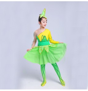 Girls kids sun flowers modern dance dresses kids green with yellow skirts stage performance princess cosplay costumes for children