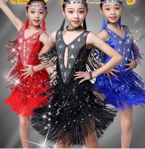 Girls kids tassels sequins latin dance dresses children royal blue red competition stage performance salsa rumba chacha dance skirts dresses