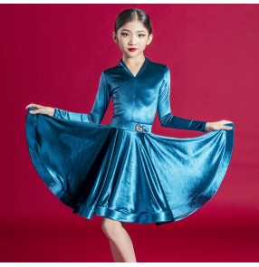 Girls kids turquoise dark green pink silver brown velvet competition ballroom latin dance dresses long sleeves modern professional latin salsa dance costumes for girl