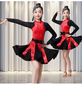 Girls kids velvet black with red ballroom latin dance dresses salsa rumba chacha dance dress 