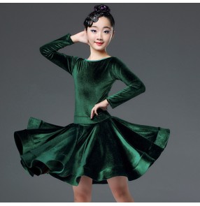 Girls kids velvet dark green latin dance dresses competition salsa rumba chacha dance costumes dresses