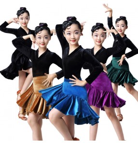 Girls kids velvet latin dance stage performance children salsa rumba chacha dance dresses costumes