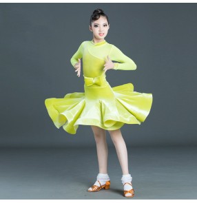 Girls kids velvet long sleeves latin dance dresses ballroom dance dress stage performance salsa chacha dance dresses