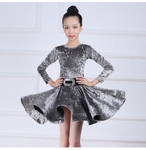 Girls kids velvet silver latin dance dresses for children black ballroom salsa black velvet latin dress for girls