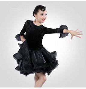 Girls kids velvet wine coffee latin dance dresses children carnival performance dresses salsa rumba chacha dance costumes