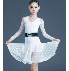 Girls kids white black lace latin dance dresses fringed modern ballroom dance stage performance salsa ballroom performance costumes skirts for kids