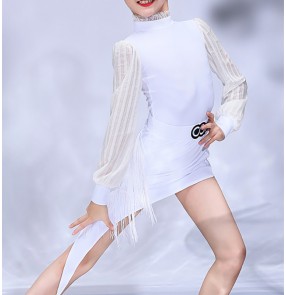 Girls kids white colored lace ballroom latin dance dresses stage performance latin salsa dance costumes for children