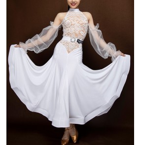 Girls kids white lace ballroom dance dress dew hollow shoulder long sleeves modern dance long skirt Ballroom dance dcostumes with tulle mesh sleeves